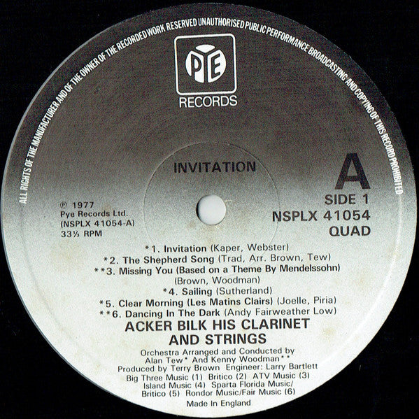 Acker Bilk His Clarinet And Strings : Invitation (LP, Quad)