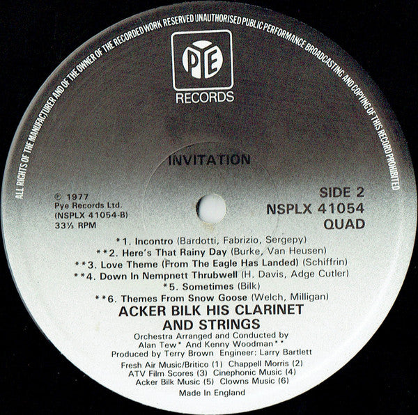 Acker Bilk His Clarinet And Strings : Invitation (LP, Quad)