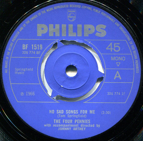 The Four Pennies : No Sad Songs For Me (7", Mono)