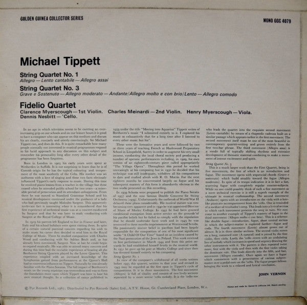 Sir Michael Tippett : Fidelio Quartet : String Quartets Nos. 1 & 3 (LP, Mono)