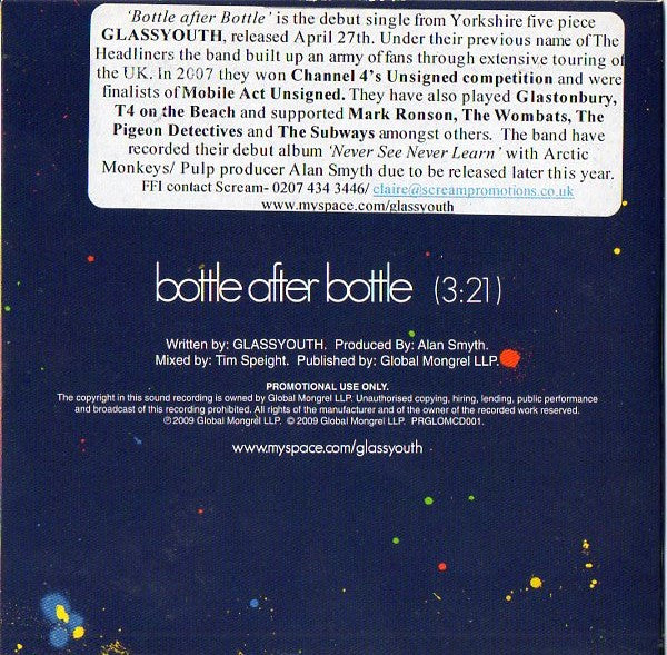 Glassyouth : Bottle After Bottle (CD, Single, Promo)