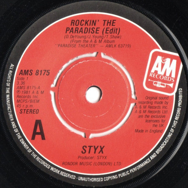 Styx : Rockin' The Paradise (7", Single)