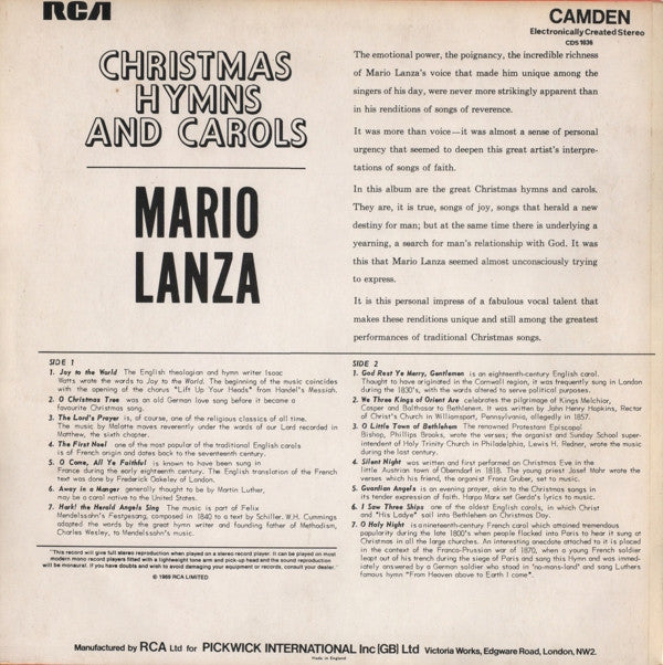 Mario Lanza : Christmas Hymns & Carols (LP, Comp, RE)