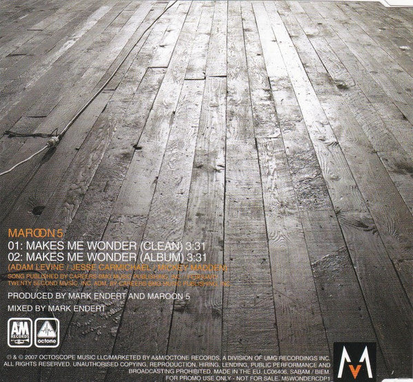 Maroon 5 : Makes Me Wonder (CD, Single, Promo)