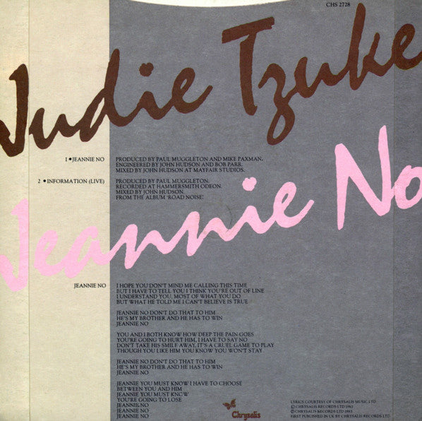 Judie Tzuke : Jeannie No (7", Single, Blu)