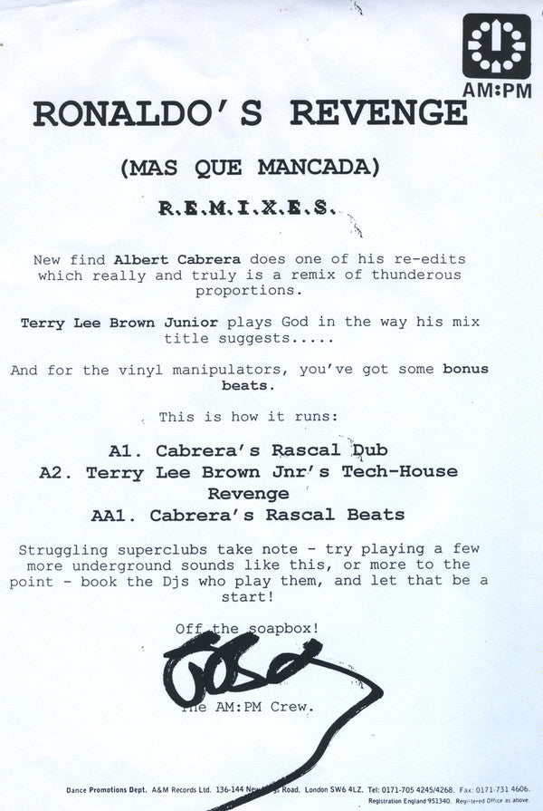 Ronaldo's Revenge : Mas Que Mancada (Remixes) (12", W/Lbl, Sta)