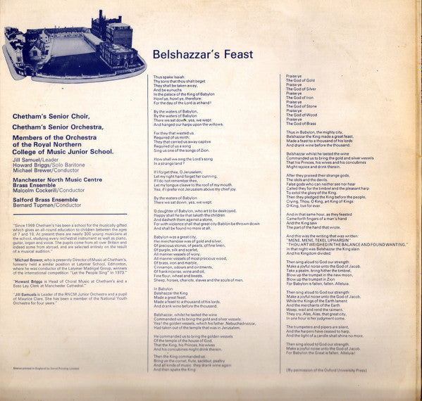 Chetham's School Of Music, Sir William Walton : Belshazzar's Feast (LP)