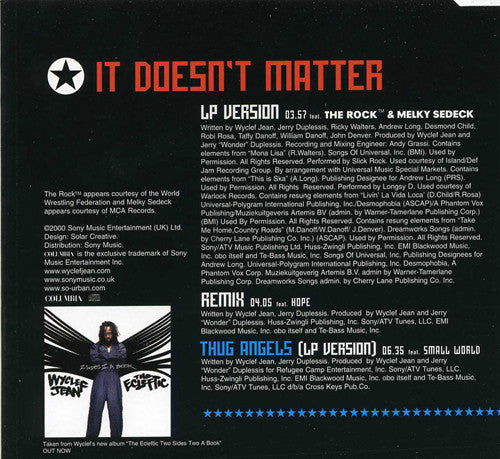 Wyclef Jean Feat. The Rock (2) & Melky Sedeck : It Doesn't Matter (CD, Single)