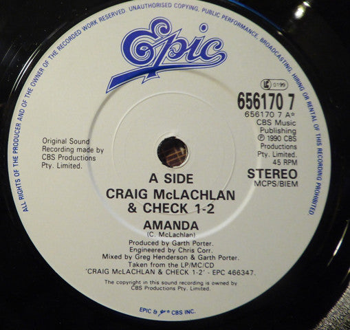 Craig McLachlan & Check 1-2 : Amanda (7", Single)