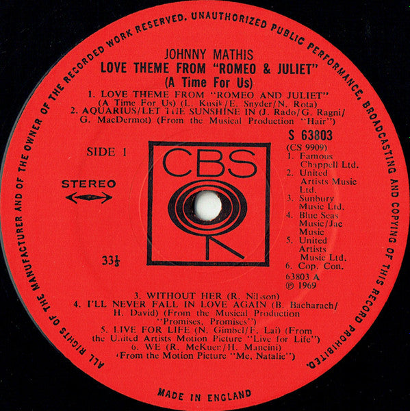 Johnny Mathis : Love Theme From "Romeo And Juliet" (A Time For Us) (LP, Album)