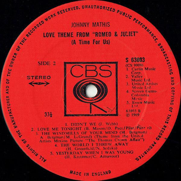 Johnny Mathis : Love Theme From "Romeo And Juliet" (A Time For Us) (LP, Album)