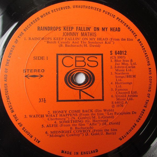 Johnny Mathis : Raindrops Keep Fallin' On My Head (LP, Album)