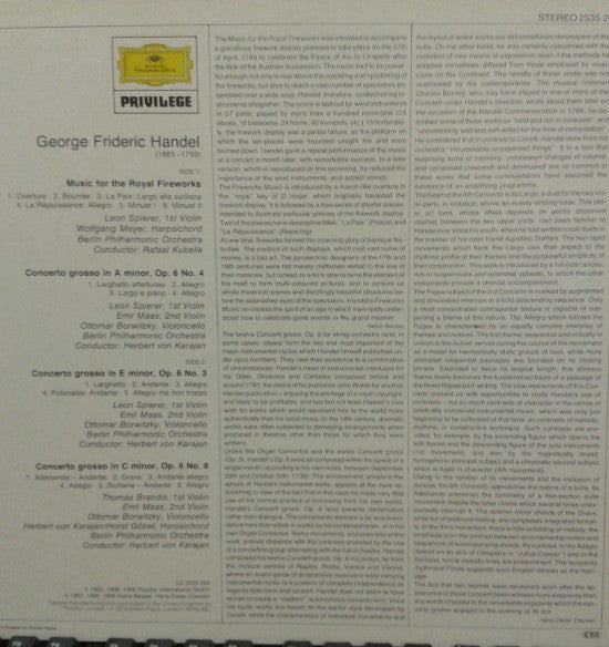 Georg Friedrich Händel / Herbert Von Karajan / Rafael Kubelik : Music For The Royal Fireworks / Concerti Grossi Nos 3, 4, 8 (LP, Comp, RE)