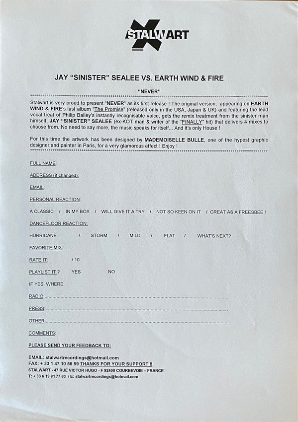 Jay "Sinister" Sealée vs. Earth, Wind & Fire : Never (12", Promo)