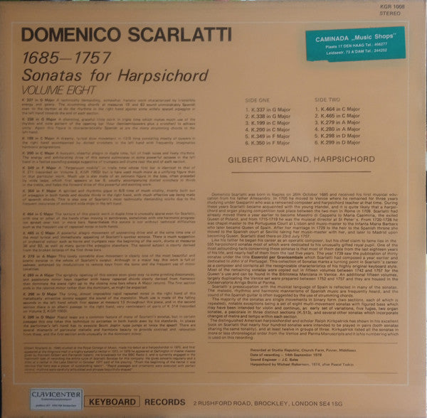 Gilbert Rowland, Domenico Scarlatti : Sonatas For Harpsichord, Vol. 8 (LP)