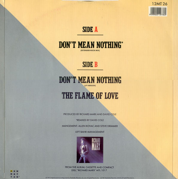 Richard Marx : Don't Mean Nothing (12" Extended Rock Mix) (12")