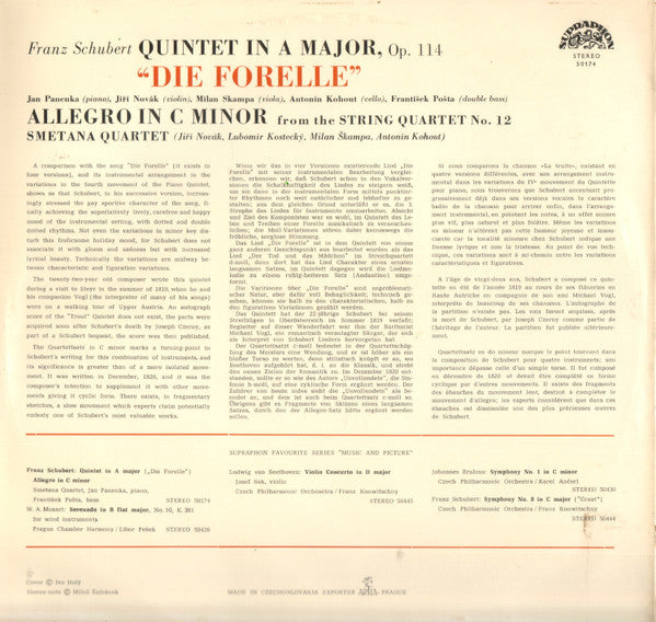 Jan Panenka, Jiří Novák (2), Milan Škampa, Antonín Kohout, František Pošta, Lubomír Kostecký, Franz Schubert : Quintet In A Major, Op. 114 "Die Forelle", Allegro In C Minor From The String Quartet No. 12 (LP)