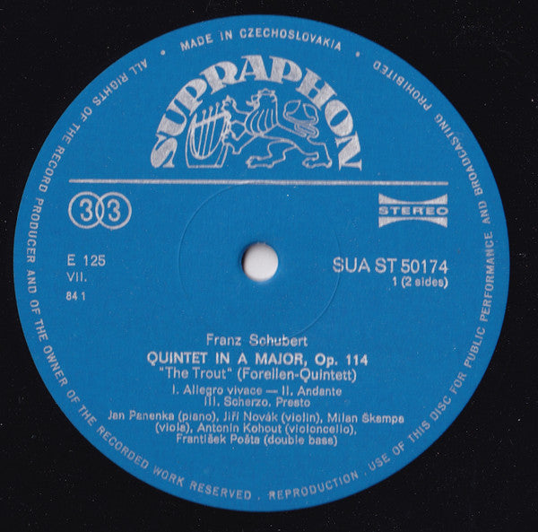 Jan Panenka, Jiří Novák (2), Milan Škampa, Antonín Kohout, František Pošta, Lubomír Kostecký, Franz Schubert : Quintet In A Major, Op. 114 "Die Forelle", Allegro In C Minor From The String Quartet No. 12 (LP)