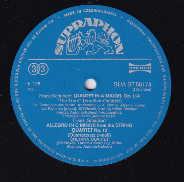 Jan Panenka, Jiří Novák (2), Milan Škampa, Antonín Kohout, František Pošta, Lubomír Kostecký, Franz Schubert : Quintet In A Major, Op. 114 "Die Forelle", Allegro In C Minor From The String Quartet No. 12 (LP)