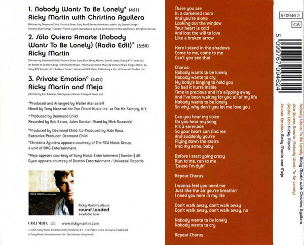 Ricky Martin with Christina Aguilera : Nobody Wants To Be Lonely (CD, Maxi)