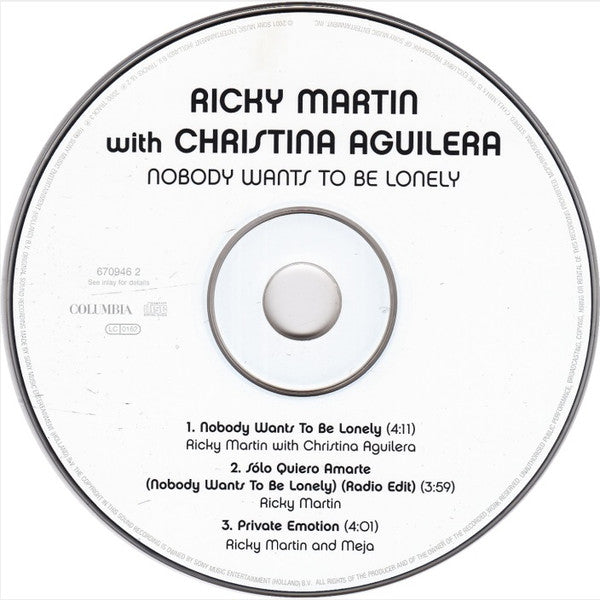 Ricky Martin with Christina Aguilera : Nobody Wants To Be Lonely (CD, Maxi)