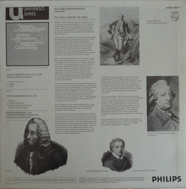 Wolfgang Amadeus Mozart - Arthur Grumiaux, London Symphony Orchestra, Sir Colin Davis : Mozart Violin Concertos, K. 207 And K. 218 (LP, Album)