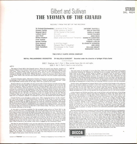 Gilbert & Sullivan : D'oyly Carte Opera Company with Royal Philharmonic Orchestra Conducted by Sir Malcolm Sargent : The Yeomen Of The Guard (2xLP, RP)