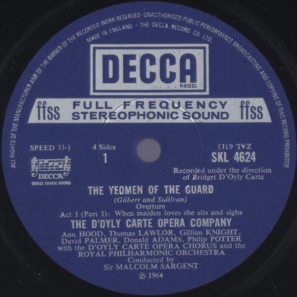 Gilbert & Sullivan : D'oyly Carte Opera Company with Royal Philharmonic Orchestra Conducted by Sir Malcolm Sargent : The Yeomen Of The Guard (2xLP, RP)