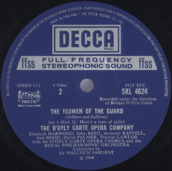 Gilbert & Sullivan : D'oyly Carte Opera Company with Royal Philharmonic Orchestra Conducted by Sir Malcolm Sargent : The Yeomen Of The Guard (2xLP, RP)
