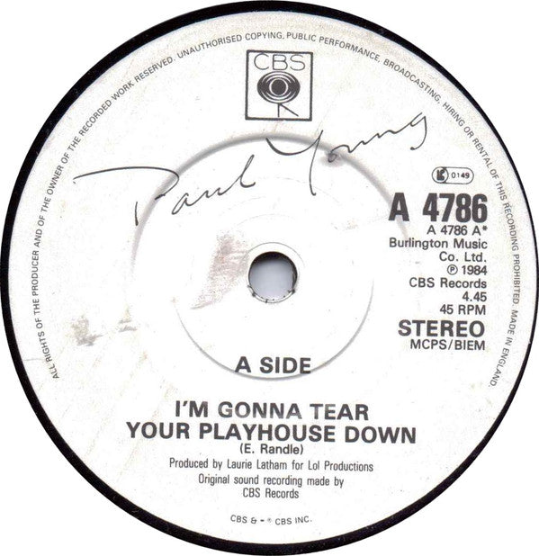 Paul Young : I'm Gonna Tear Your Playhouse Down (7", Ltd, Pos)