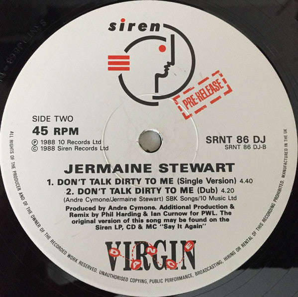 Jermaine Stewart : Don't Talk Dirty To Me (12", Promo)