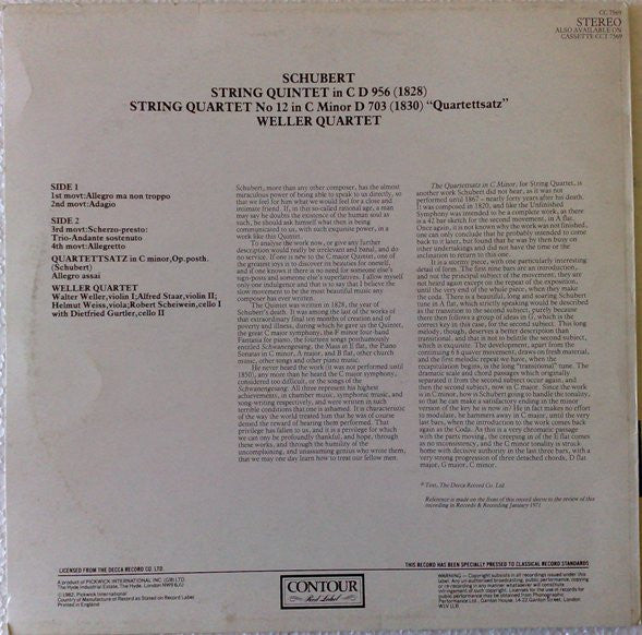 Franz Schubert / Weller-Quartett : String Quintet In C D 956, String QuartetNo. 12 In C Minor D 703 "Quartettsatz" (LP)