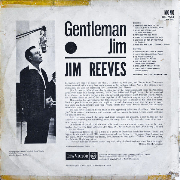 Jim Reeves : Gentleman Jim (LP, Album, Mono)