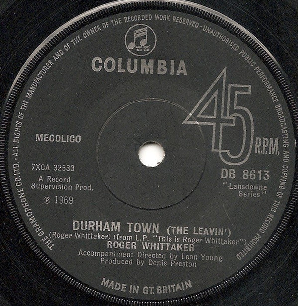 Roger Whittaker : Durham Town (The Leavin') (7", Sol)