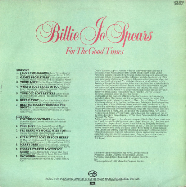 Billie Jo Spears : For The Good Times (LP, Comp)