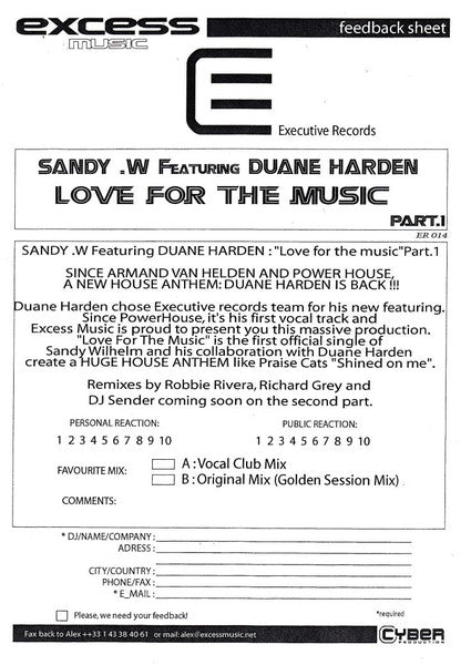 Sandy Wilhelm : Love For The Music (Part 1) (12", W/Lbl)