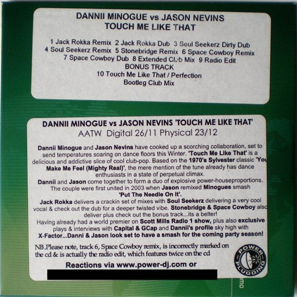 Dannii Minogue Vs Jason Nevins : Touch Me Like That (CD, Single, MP, Promo)