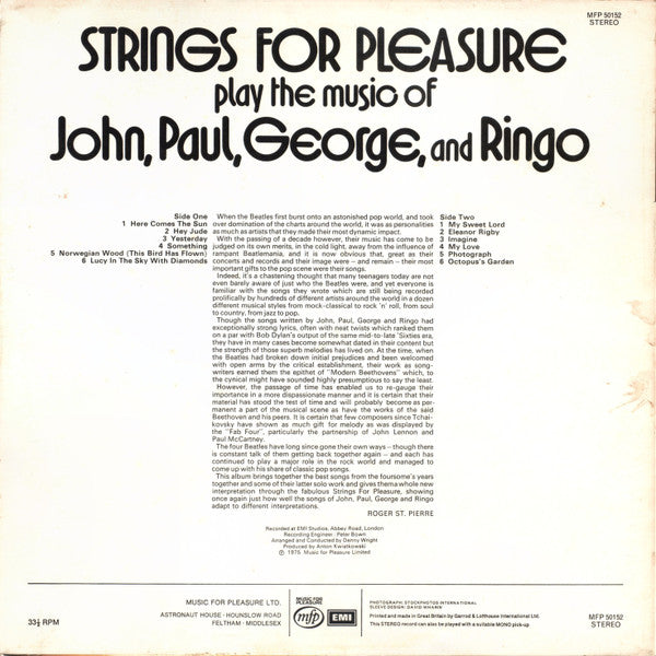 Strings For Pleasure : Play The Music Of John, Paul, George And Ringo (LP)