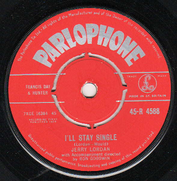 Jerry Lordan : I'll Stay Single (7", Single)