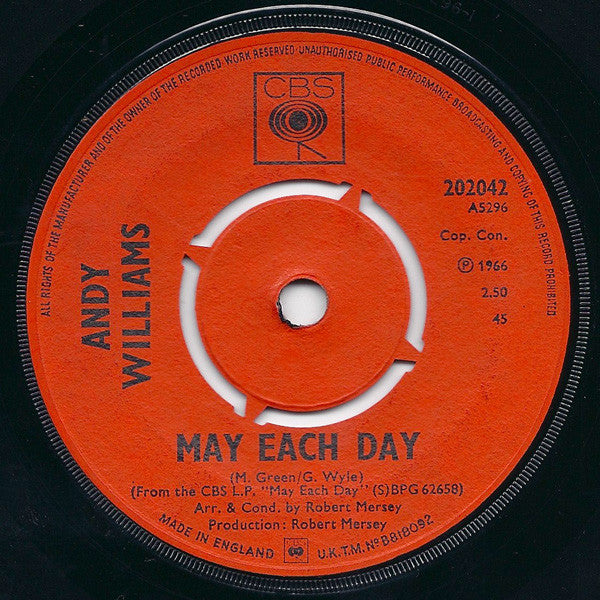 Andy Williams : May Each Day (7", Single, Pus)