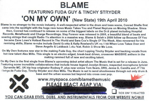 Blame Featuring Ruff Sqwad's Fuda Guy & Tinchy Stryder : On My Own (CDr, Promo)