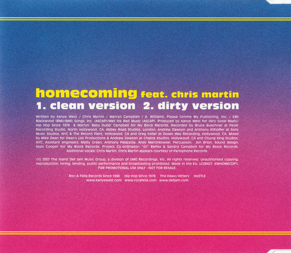 Kanye West Feat. Chris Martin : Homecoming (CD, Single, Promo)