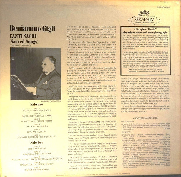 Beniamino Gigli : Canti Sacri (Sacred Songs) (Recorded 1932-47) (LP, Comp, Mono, Scr)