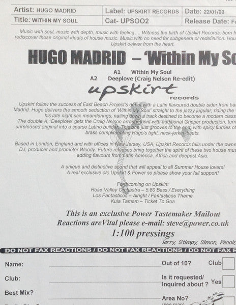 Hugo Madrid : Within My Soul (12", W/Lbl)