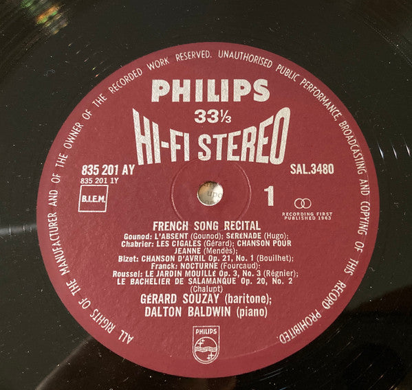 Gérard Souzay / Dalton Baldwin / Charles Gounod • Emmanuel Chabrier • Georges Bizet • César Franck • Albert Roussel • Francis Poulenc • Gabriel Fauré • Maurice Ravel • Jacques Leguerney • Reynaldo Hahn : French Song Recital (LP)