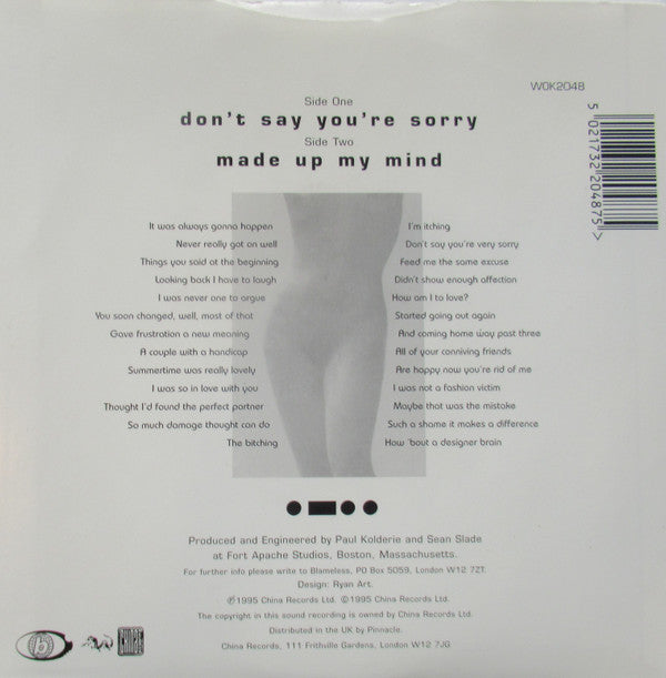 Blameless : Don't Say You're Sorry (7", Single, Ltd, Num)