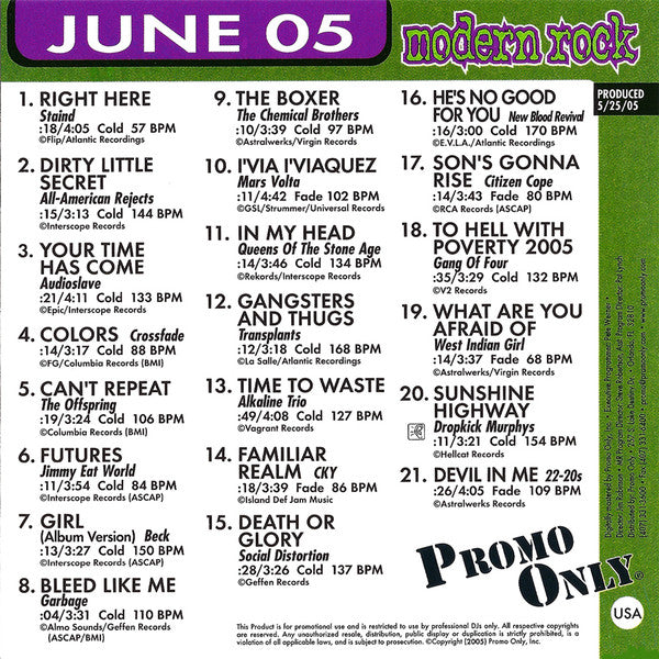 Various : Promo Only Modern Rock Radio: June 2005 (CD, Comp, Promo)