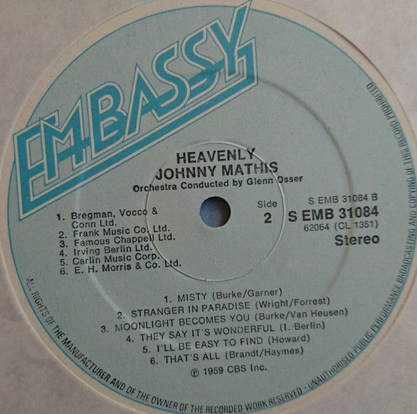 Johnny Mathis : Heavenly (LP, Album, RE)