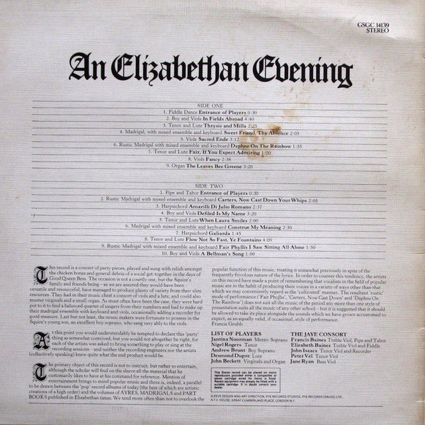 The Jaye Consort : An Elizabethan Evening (LP, Album, Bur)