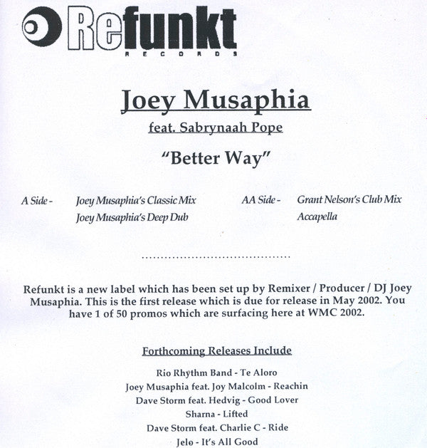 Joey Musaphia : Better Way (12", Ltd, Promo, W/Lbl, Sti)